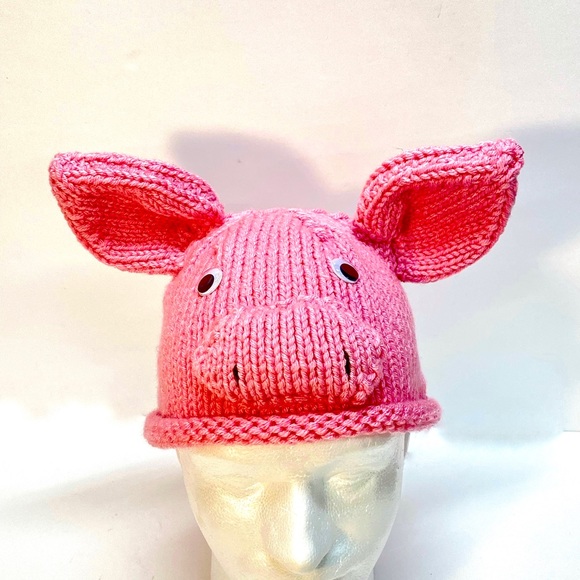 NWT Hand Knit Piggy Hat with Googly Eyes and Ears Size 6-10 Years - Picture 4 of 10